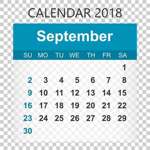 Calendario di settembre 2018. Adesivo calendario modello di design. Settimane — Vettoriale Stock