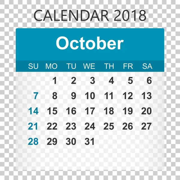 Calendario octubre 2018. Plantilla de diseño de etiqueta de calendario. Semana st — Vector de stock