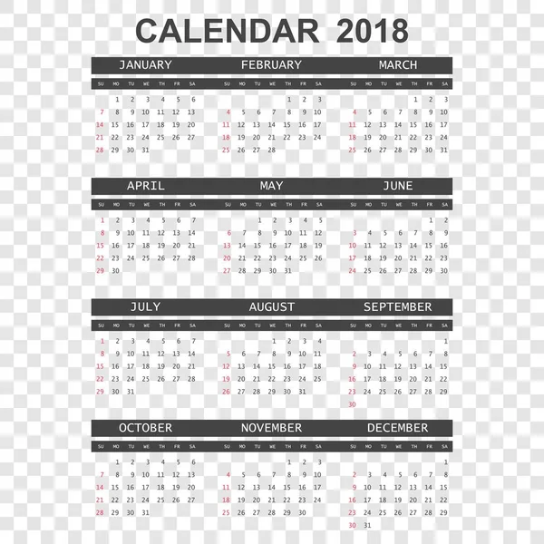 Calendrier 2018 année dans un style simple. Calendrier planificateur conception temp — Image vectorielle