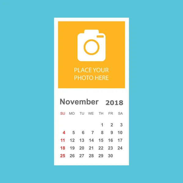 Calendário de novembro 2018. Modelo de design de planejador de calendário com pl — Vetor de Stock