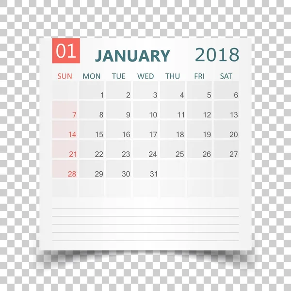 Kalendarzowy stycznia 2018 r. Szablon projekt naklejki kalendarza. Tygodniu st — Wektor stockowy