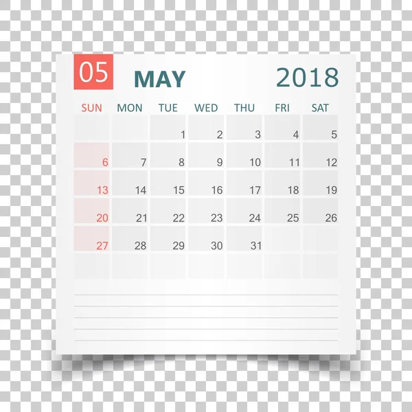 Calendario de mayo 2018. Plantilla de diseño de etiqueta de calendario. Comienza la semana — Archivo Imágenes Vectoriales