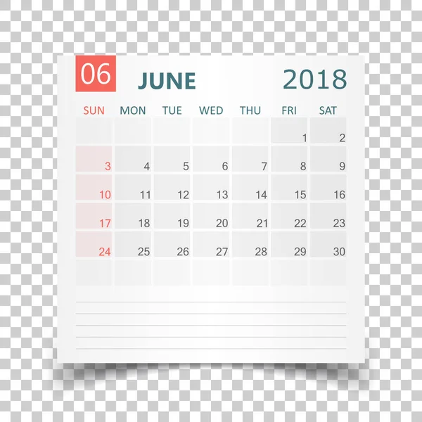 Calendrier juin 2018. Calendrier autocollant modèle de conception. Début de semaine — Image vectorielle