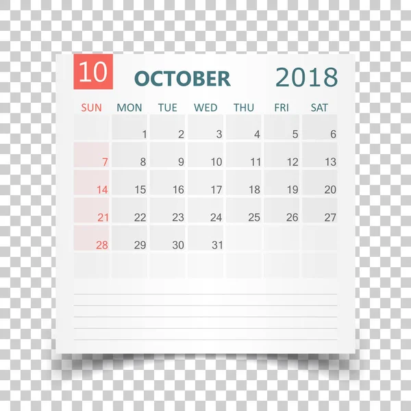 Calendario ottobre 2018. Adesivo calendario modello di design. Settimana st — Vettoriale Stock