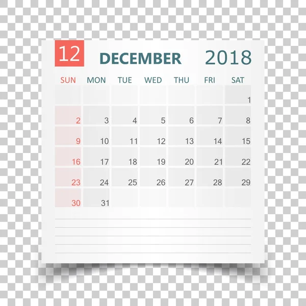 Calendario diciembre 2018. Plantilla de diseño de etiqueta de calendario. Semana s — Vector de stock