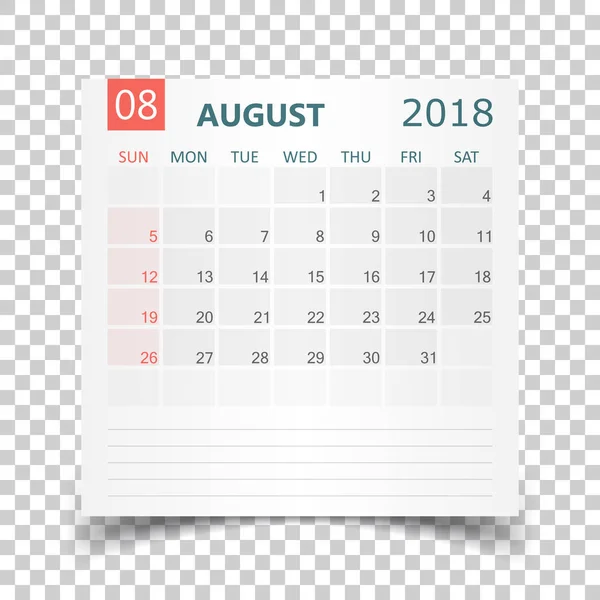 Calendrier août 2018. Calendrier autocollant modèle de conception. Semaine sta — Image vectorielle