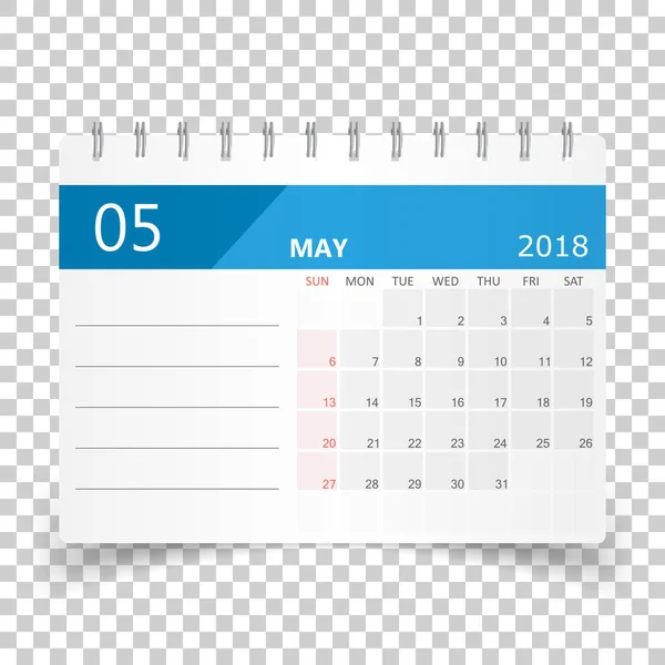 Mai 2018 Kalender. Kalenderplaner Design-Vorlage. Woche beginnt — Stockvektor