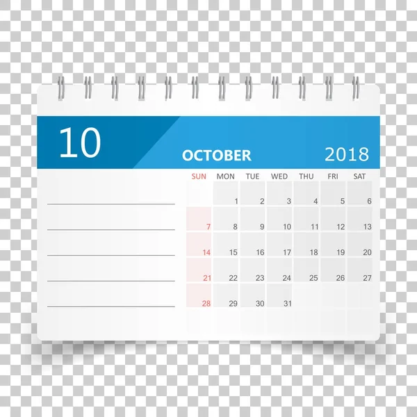 Calendário de outubro 2018. Modelo de design de planejador de calendário. Semana st — Vetor de Stock