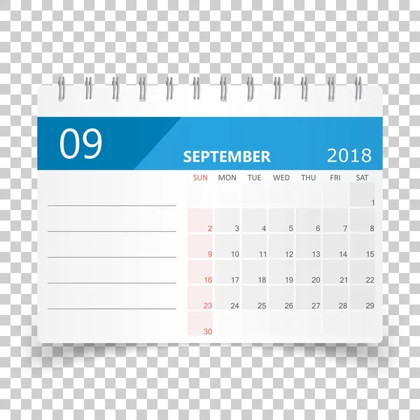 Calendário setembro 2018. Modelo de design de planejador de calendário. Semana —  Vetores de Stock