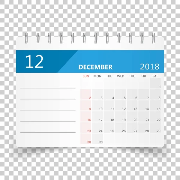 December 2018 calendar. Calendar planner design template. Week s — Stock Vector