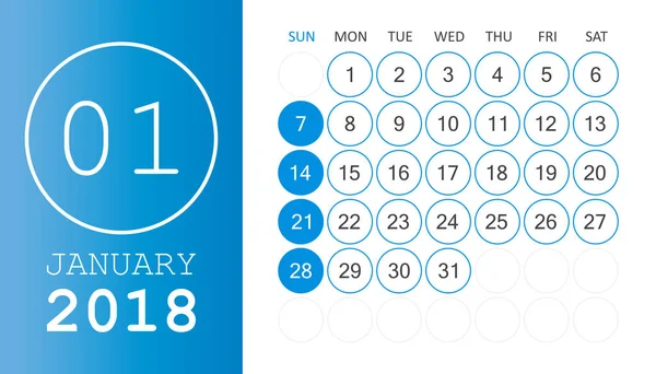 Calendario enero 2018. Plantilla de diseño de planificador de calendario. Semana st — Vector de stock