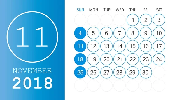 Calendrier de novembre 2018. Calendrier planificateur modèle de conception. Semaine s — Image vectorielle