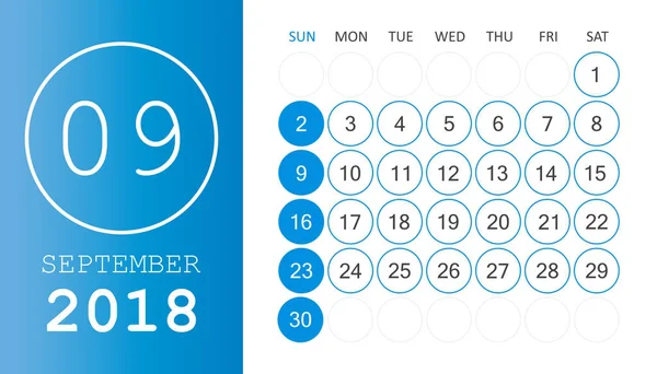 Calendario di settembre 2018. Modello di progettazione calendario pianificatore. Settimane — Vettoriale Stock