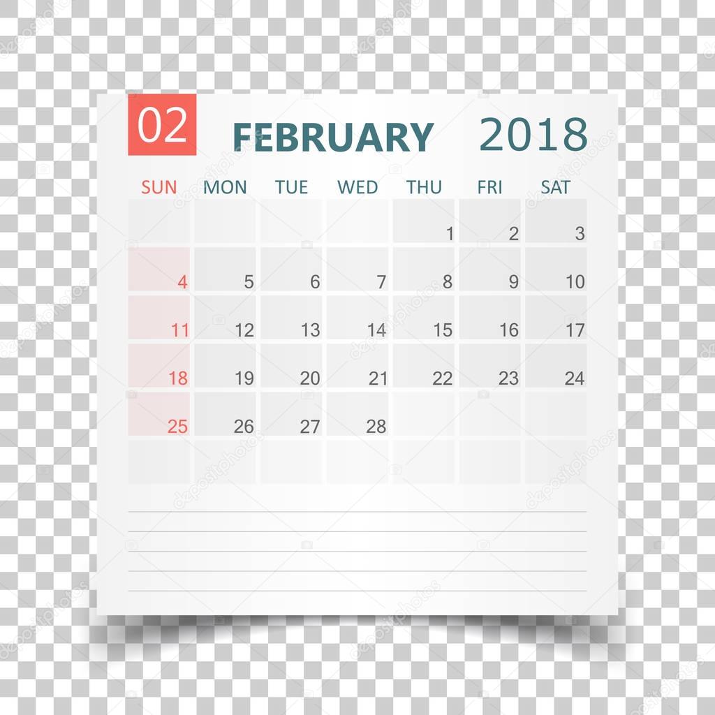 February 2018 calendar. Calendar sticker design template. Week s