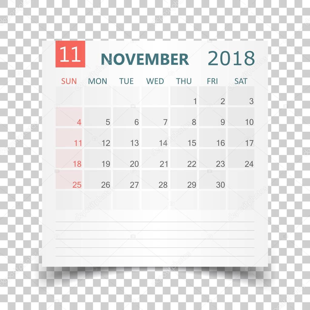 November 2018 calendar. Calendar sticker design template. Week s