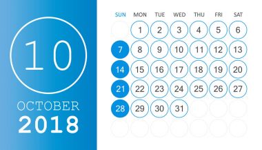 Ekim 2018 takvim. Takvim planlayıcısı tasarım şablonu. Hafta Pazar günü başlar. İş vektör çizim.