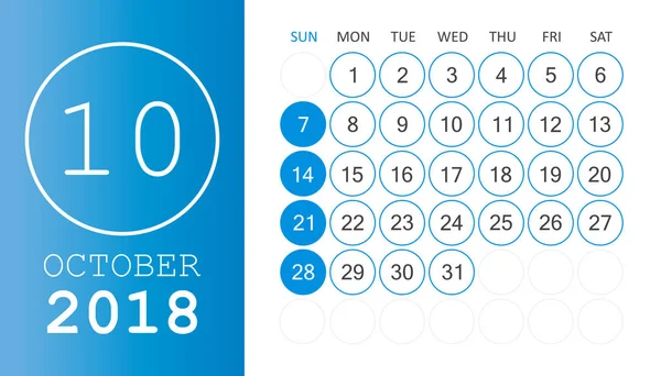 Calendario ottobre 2018. Modello di progettazione calendario pianificatore. La settimana inizia domenica. Illustrazione vettoriale aziendale . — Vettoriale Stock