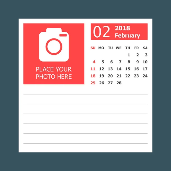 Calendário de fevereiro 2018. Modelo de design de planejador de calendário. Semana s — Vetor de Stock