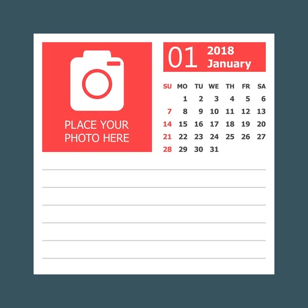 Calendário de janeiro 2018. Modelo de design de planejador de calendário. Semana st — Vetor de Stock