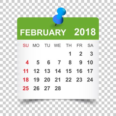 Şubat 2018 takvim. Takvim etiket tasarım şablonu. Hafta s