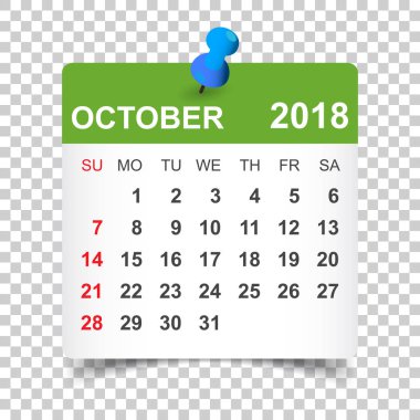 Ekim 2018 takvim. Takvim etiket tasarım şablonu. Hafta st