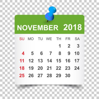 Kasım 2018 takvim. Takvim etiket tasarım şablonu. Hafta s