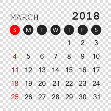 Mart 2018 takvim. Takvim planlayıcısı tasarım şablonu. Hafta yıldız