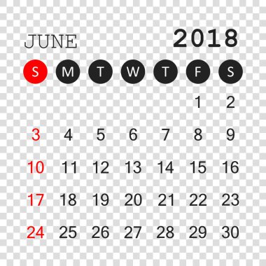 Haziran 2018 takvim. Takvim planlayıcısı tasarım şablonu. Hafta Başlat