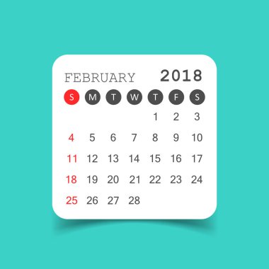 Şubat 2018 takvim. Takvim etiket tasarım şablonu. Hafta s