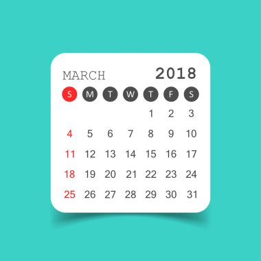 Mart 2018 takvim. Takvim etiket tasarım şablonu. Hafta yıldız
