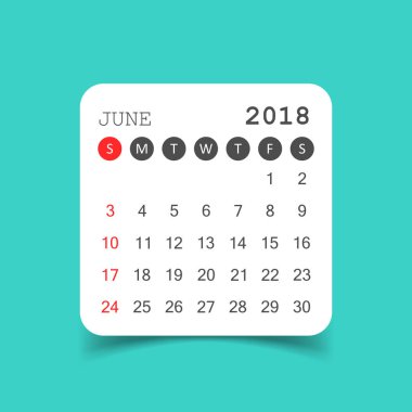 Haziran 2018 takvim. Takvim etiket tasarım şablonu. Hafta Başlat