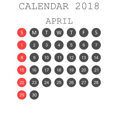 Nisan 2018 takvim. Takvim planlayıcısı tasarım şablonu. Hafta yıldız