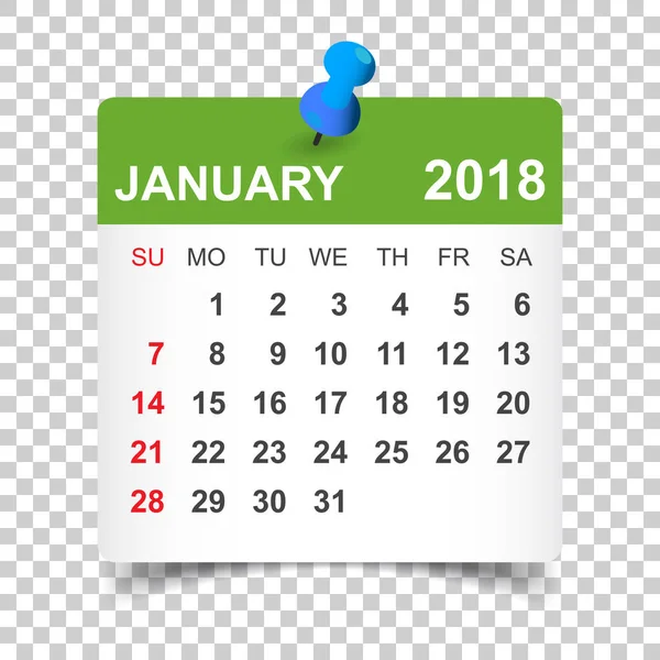 Ημερολόγιο Ιανουαρίου 2018. Πρότυπο σχεδίασης αυτοκόλλητο ημερολόγιο. Εβδομάδα st — Διανυσματικό Αρχείο