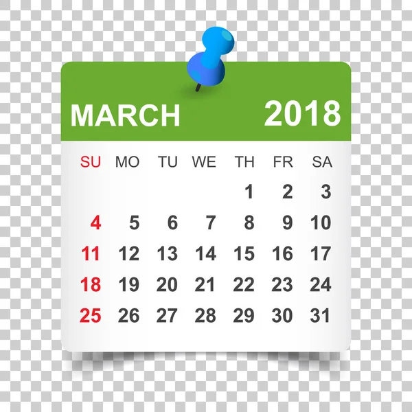 Calendario marzo 2018. Plantilla de diseño de etiqueta de calendario. Estrella de semana — Archivo Imágenes Vectoriales