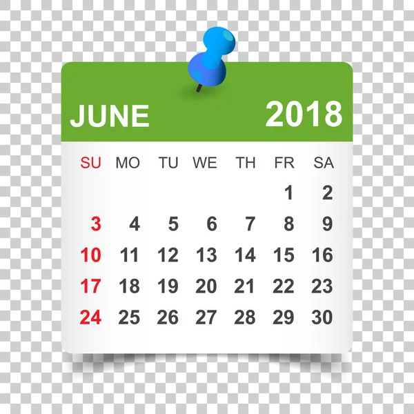 Calendário de junho 2018. Modelo de design de etiqueta de calendário. Início da semana — Vetor de Stock