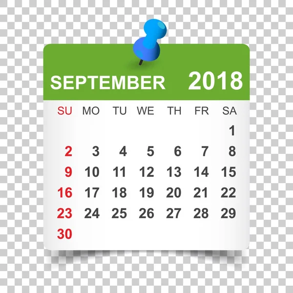 Календарь сентября 2018 года. Шаблон дизайна стикера календаря. неделя — стоковый вектор