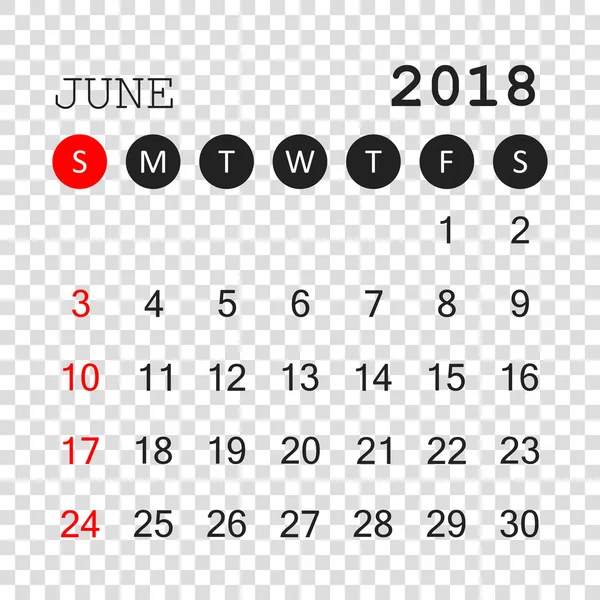 Июнь 2018 календарь. Шаблон проектирования календаря. Начало недели — стоковый вектор