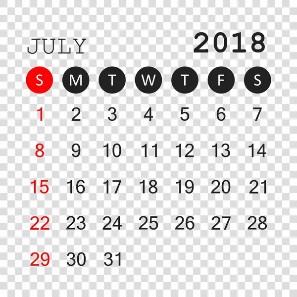 Июль 2018 календарь. Шаблон проектирования календаря. Начало недели — стоковый вектор