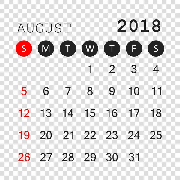 Calendario agosto 2018. Modello di progettazione calendario pianificatore. Settimana personale — Vettoriale Stock