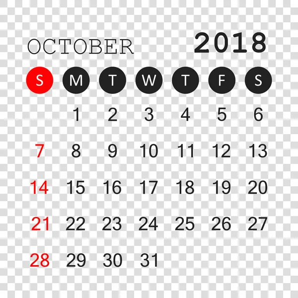 Calendario ottobre 2018. Modello di progettazione calendario pianificatore. Settimana st — Vettoriale Stock