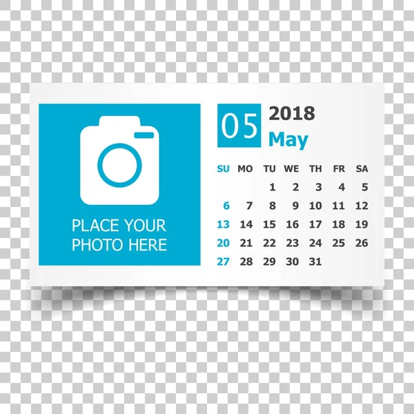 Calendário de maio 2018. Modelo de design de planejador de calendário com lugar f — Vetor de Stock