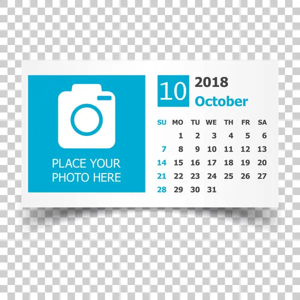 Calendário de outubro 2018. Modelo de design de planejador de calendário com pla — Vetor de Stock