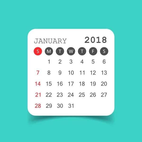 Январь 2018 календарь. Шаблон дизайна стикера календаря. Неделя — стоковый вектор
