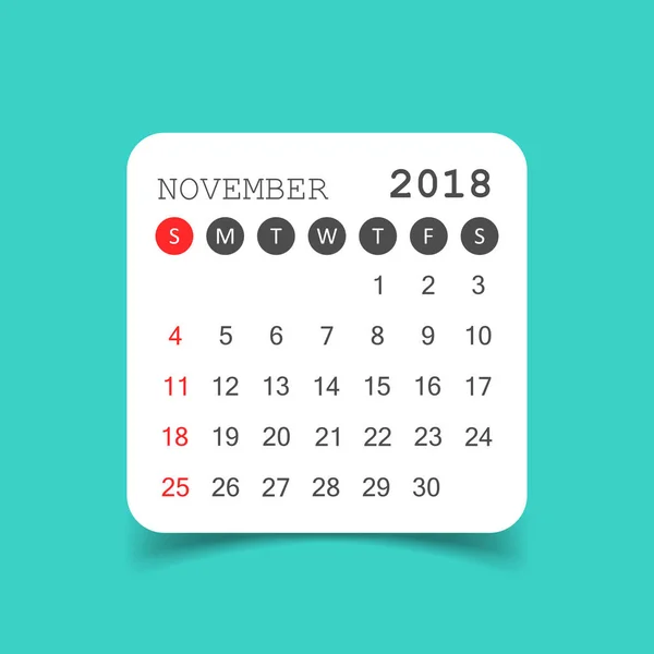 Calendario di novembre 2018. Adesivo calendario modello di design. Settimana s — Vettoriale Stock