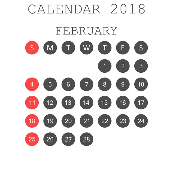 Calendario febrero 2018. Plantilla de diseño de planificador de calendario. Semana s — Vector de stock