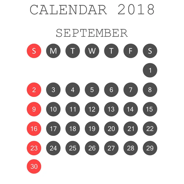 Calendario di settembre 2018. Modello di progettazione calendario pianificatore. Settimane — Vettoriale Stock