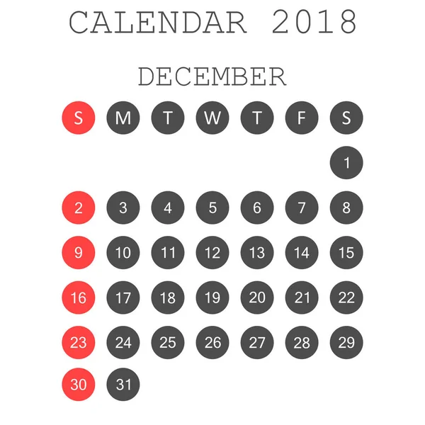 Calendário de dezembro 2018. Modelo de design de planejador de calendário. Semana s — Vetor de Stock