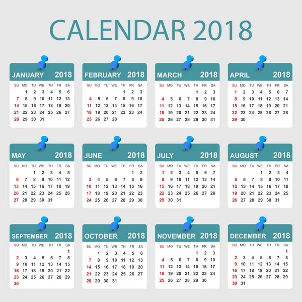 Calendrier 2018 année dans un style simple. Calendrier planificateur conception temp — Image vectorielle