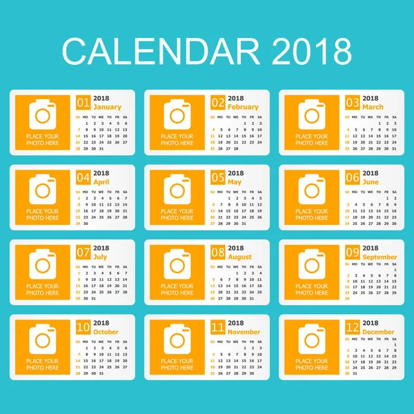 Calendrier 2018 année dans un style simple. Calendrier planificateur modèle de conception avec place pour la photo. La semaine commence le dimanche. Illustration vectorielle d'entreprise . — Image vectorielle