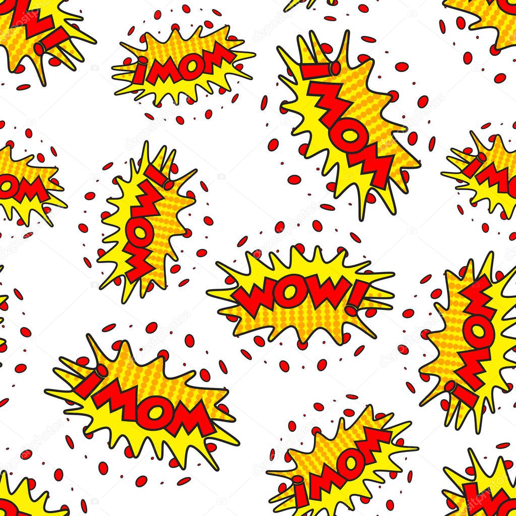 Wow comic sound effects seamless pattern background. Business fl